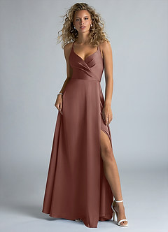 Azazie Davis Bridesmaid Dresses Espresso A-Line Pleated Stretch Satin Dress image2