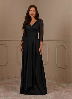 Azazie Annetta Mother of the Bride Dresses Black A-Line V-Neck Pleated Mesh Dress image1