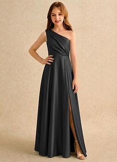 Azazie Puddles Junior Formal Flower Girl Dresses Black A-Line One Shoulder Stretch Satin Dress image1