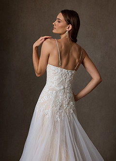 Azazie Lumina At-home Try On Dresses Diamond White Champagne A-Line Sweetheart Neckline Lace Dress image7