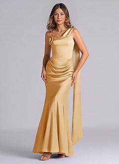 Azazie Inara 신부 들러리 드레스 인어 주름진 스트레치 새틴 바닥 길이 드레스 image1