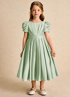 Azazie Miriam Abiti da Ragazza di Fiori Abito Principessa in Raso Opaco Plissettato Verde Salvia image4