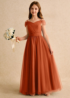 Azazie Yuna Junior Formal Flower Girl Dresses Burnt Orange A-Line Off the Shoulder Tulle Dress image5