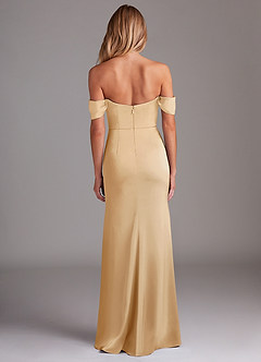Azazie Saige Jurken voor bruidsmeisjes Jurk van Stretch Satijn met Kolom Off the Shoulder Goud image10