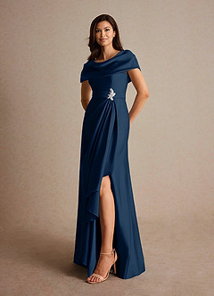 Azazie Branford Mother of the Bride Dresses Dark Navy A-Line Pleated Stretch Satin Dress image8