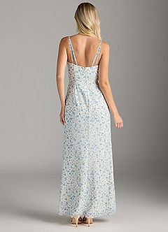 Azazie Leo Brautjungfernkleider Meerjungfrau-Linie V-Hals Gefaltet Chiffon Kleid Blau Weißes Blumen image7