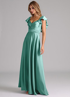 Azazie Leilani Bridesmaid Dresses Aqua A-Line Ruched Stretch Satin Dress image8