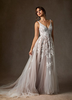 Azazie Sorella Trouwjurken Jurk van Tule met A-Lijn V-hals Pailletten Diamant Wit Mokka image4