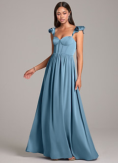 Azazie Denisse Bridesmaid Dresses Steel Blue A-Line Ruched Stretch Satin Dress image3