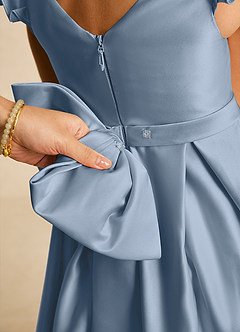 Azazie Francine Jurken voor bloemenmeisjes A-Lijn Jurk van Mat Satijn Boog Stoffig Blauw image4