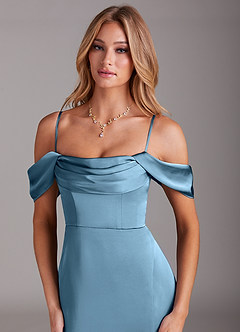 Azazie Saige Bridesmaid Dresses Steel Blue Mermaid Off the Shoulder Stretch Satin Dress image2