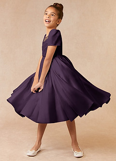 Azazie Anirra Flower Girl Dresses Plum Ball-Gown Pleated Matte Satin Dress image2
