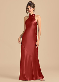 Azazie Velli 신부 들러리 드레스 쉬스 하이넥 메탈릭 새틴 바닥 길이 드레스 image3