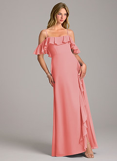 Azazie Aubrie Robes de demoiselle d'honneur Robe Trapèze en Mousseline de soie Épaule décolletée Corail image5