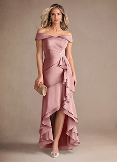 Azazie Billings Moeder van de bruid jurken Zeemeermin Jurk van Stretch Satijn Off the Shoulder Stoffige Roos image1