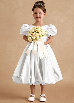 Azazie Jellybean Flower Girl Dresses White Ball-Gown Ruched Matte Satin Dress image3