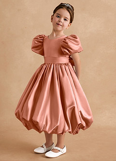 Azazie Jellybean Sukienki dla dziewczynek sypiących kwiaty Suknia balowa Marszczony Matowy satynowy Długość herbaty Sukienka image4