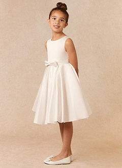 Azazie Coco Flower Girl Dresses White Alabaster A-Line Bow Matte Satin Dress image2