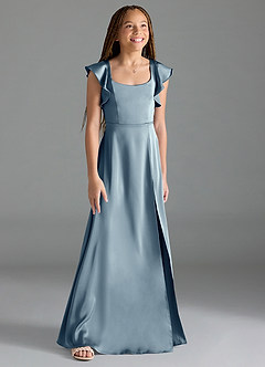 Azazie Bondi Junior Dusty Blue A-Line Side Slit Stretch Satin Dress image3