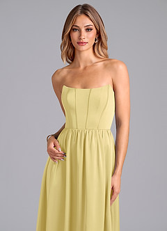 Azazie Leilana Bridesmaid Dresses Lemon Sorbet A-Line Corset Stretch Satin Dress image6