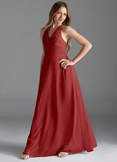 Azazie Tessie Junior Rust A-Line Pleated Chiffon Dress image3