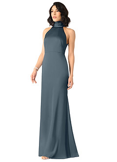 Azazie x Delaney Bridesmaid Dresses Twilight Sheath High Neck Stretch Satin Dress image2