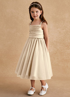 Azazie Gabbie Flower Girl Dresses Champagne A-Line Pleated Matte Satin Dress image5