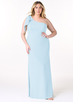 Azazie Rinna At-home Try On Dresses Sky Blue Mermaid One Shoulder Stretch Crepe Dress image5