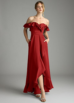 Azazie Lyra Bridesmaid Dresses Pomegranate A-Line Off the Shoulder Stretch Satin Convertible Dress image6