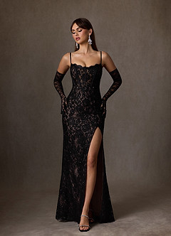 Azazie Esmeray Wedding Dresses Black Nude A-Line Sequins Stretch Satin Dress image1