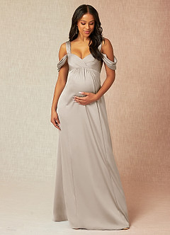 Azazie Rhea vestidos de dama de honor de maternidad Vestido de Corte En A Off The Shoulder Plisado Hasta el suelo Satén Elástico image1