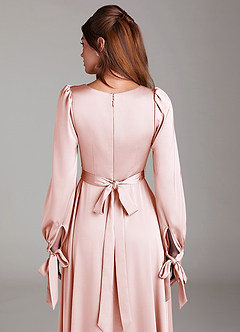 Azazie Leonia Bridesmaid Dresses Blushing Pink A-Line Long Sleeve Stretch Satin Dress image7