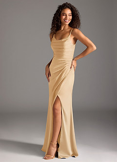 Azazie Deandra Bridesmaid Dresses Gold Mermaid Pleated Stretch Satin Dress image4