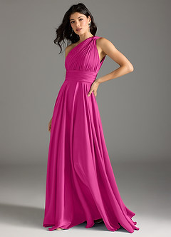 Azazie Charlize Robes de demoiselle d'honneur Robe Trapèze en Satin extensible Ue épaule Fuchsia image4