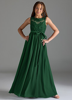 Azazie Elly Junior Vestido de Verde Oscuro de Gasa de Corte En A con Encaje image3