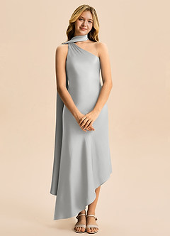 Azazie Briony Junior Vestido Prata de Cetim elástico de Bainha com Plissado image7