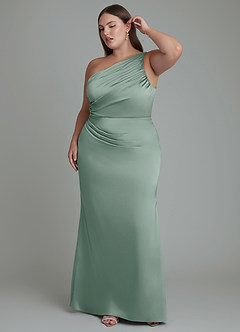 Azazie Akilah Bridesmaid Dresses Silver Sage Mermaid One Shoulder Stretch Satin Dress image10