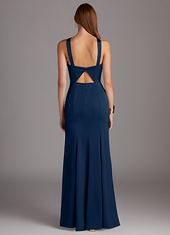 Azazie Elana Bridesmaid Dresses Dark Navy Sheath Side Slit Stretch Satin Dress image4