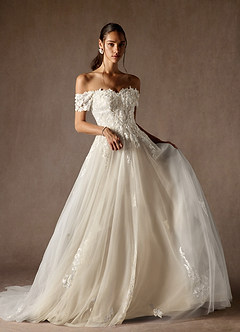 Azazie Rowe Wedding Dresses Diamond White Champagne Ball-Gown Off the Shoulder Tulle Dress image3