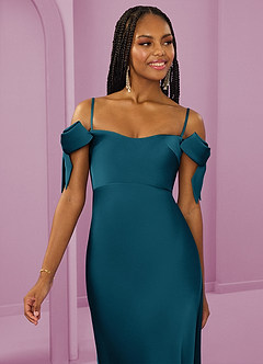 Barbie ♥ Azazie Bridesmaid Dresses Ink Blue Sheath Off the Shoulder Stretch Satin Convertible Dress image3