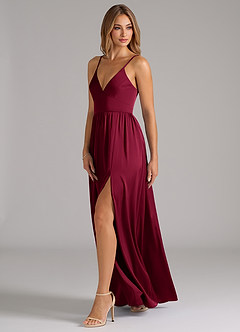 Azazie Aaida Bridesmaid Dresses Burgundy A-Line Corset Stretch Satin Dress image3