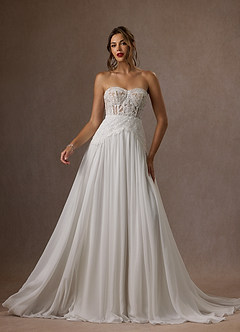 Azazie Rhya Vestidos de novia Vestido de Blanco Diamante Nude de Encaje de Corte en A con Vestidos sin tirantes image11