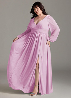 Azazie Norah Bridesmaid Dresses Candy Pink A-Line V-Neck Long Sleeve Chiffon Dress image10