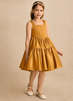 Azazie Myla Blumenmädchenkleider A-Linie Plissee Matte Satin Kleid Butterscotch image4
