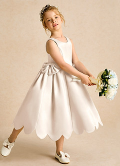 Azazie Macaroon Flower Girl Dresses White Alabaster Ball-Gown Bow Matte Satin Dress image1