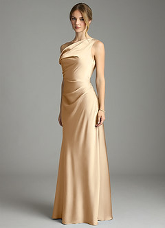 Azazie Emerson Bridesmaid Dresses Champagne Mermaid Off the Shoulder Stretch Satin Dress image2
