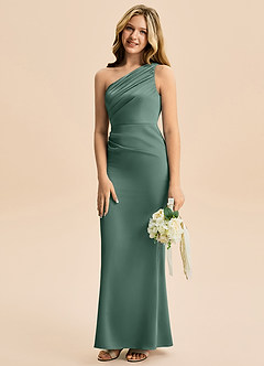 Azazie Akilah Junior Vestido Eucalipto de Cetim elástico de Bainha com Plissado image5