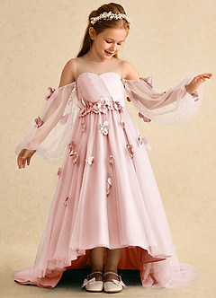 Azazie Karrie Robe Demoiselle D'honneur Fillette Robe Trapèze en Tulle avec manches Rose Pâle image4