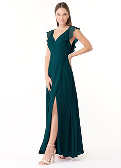 Azazie Yoko Robes de demoiselle d'honneur Robe Trapèze en Mousseline de soie Rayé Vert Pin image3