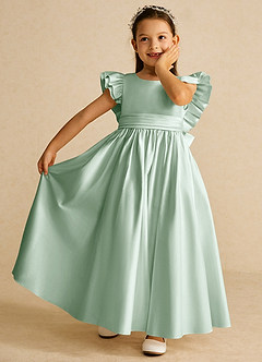 Azazie Piglette Flower Girl Dresses Agave A-Line Bow Matte Satin Dress image6